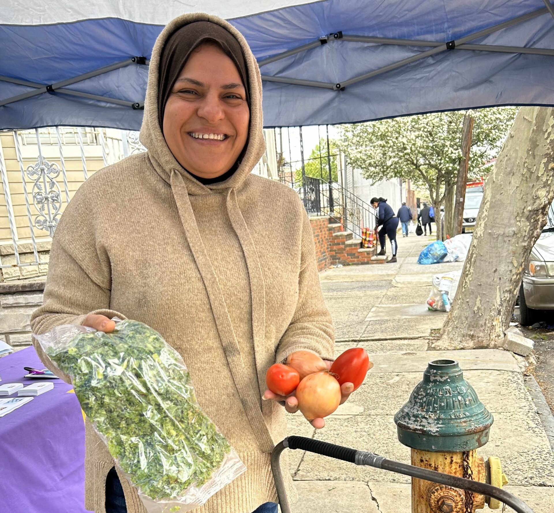 Muslim woman holding fresh fruit and lettuce smiling