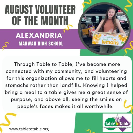 Alexandria is Table to Table's August Volunteer of the Month.