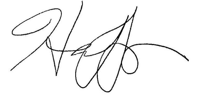 A stylized handwritten signature in black ink, featuring looping, cursive strokes with overlapping lines and flourishes on a light background.