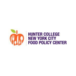 Logo for the Hunter College New York City Food Policy Center. An orange apple icon incorporates silhouettes of a fork, spoon, and knife, with the organization’s name in purple text to the right.