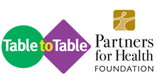 **Alt text:** Logos for "Table to Table" and "Partners for Health Foundation" side by side. On the left, the "Table to Table" logo features the text "Table to Table" spanning across a green circle and a purple diamond, joined by a small yellow square containing the word "to". On the right, the "Partners for Health Foundation" logo includes a gold square icon featuring an abstract white line drawing of a person with outstretched arms, above the stacked text "Partners for Health FOUNDATION".