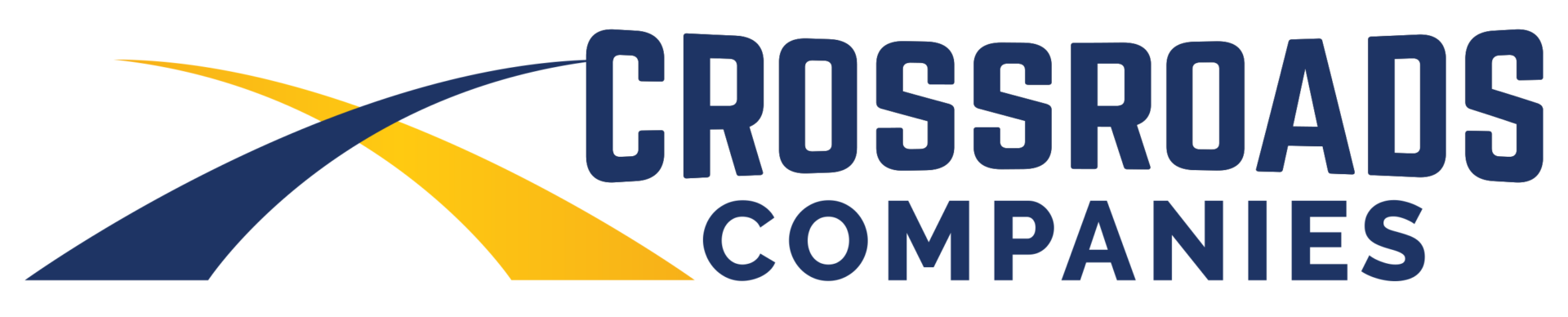 Crossroads Companies logo featuring two intersecting, curved path graphic lines in dark blue and yellow on the left, followed by the text "CROSSROADS" stacked above "COMPANIES" in bold, dark blue capital letters.