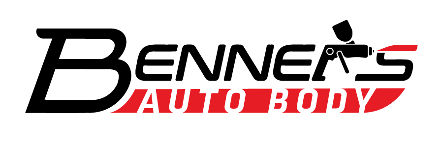 A logo for **Benner's Auto Body**. It features large black lettering for "BENNER'S", with a paint spray gun silhouette integrated into the apostrophe and letter "R" area. Below, the words "AUTO BODY" are displayed in white italicized block letters set inside a solid red banner.