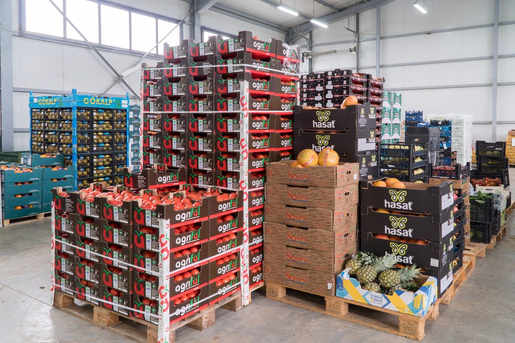 This image shows a warehouse or distribution facility filled with stacked cardboard produce boxes on wooden EPAL pallets.
* **Foreground Left & Center:** High stacks of black and red produce boxes labeled "agriFul" (Agricultural Falasarna Team), filled with fresh red tomatoes.
* **Foreground Right:** Stacked brown cardboard boxes marked "SONPY" containing large pomelos mesh-wrapped in orange mesh netting, alongside black boxes labeled "hasat" containing grapefruit or pomelo varieties. Pineapples are visible at the bottom right corner.
* **Background:** Additional organized stacks of produce packaging inside a bright, industrial cold-storage or warehouse setting.